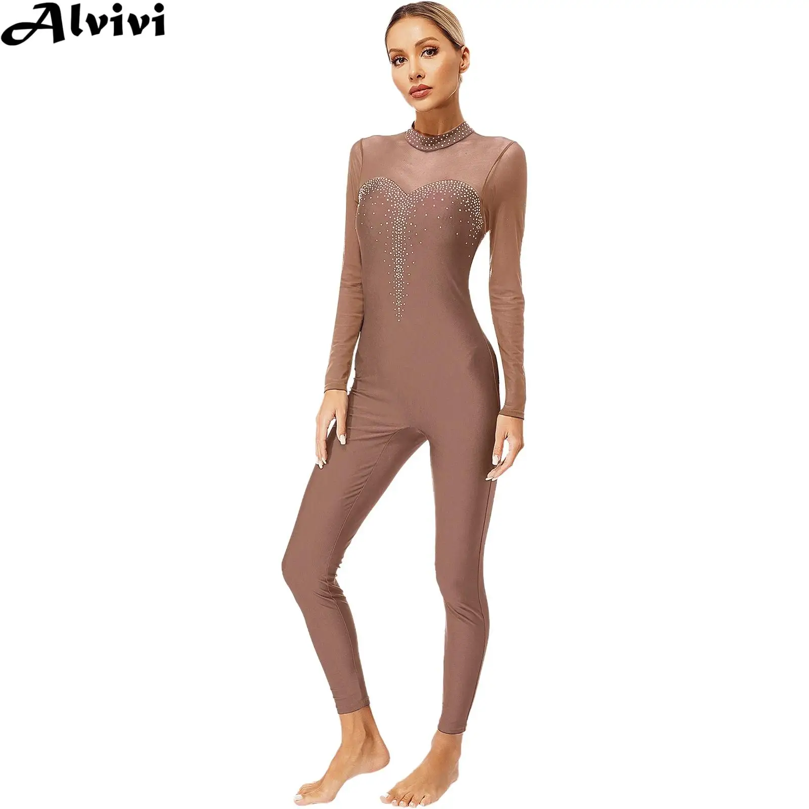 Women Figure Skating Leotard Ballet Dance Gymnastics Acrobatics Performance Costume Long Sleeve Rhinestone Sheer Mesh Jumpsuit