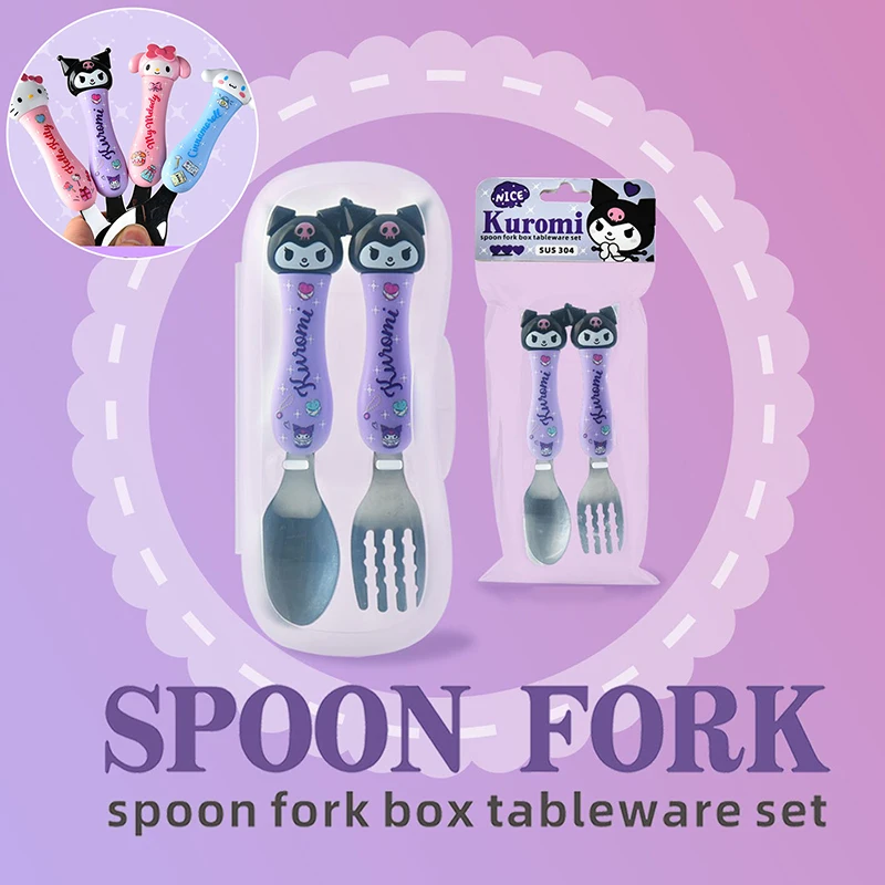 Sanrio Children Tableware Hello Kitty Melody Kuromi Silicone Handle Tableware Two-piece Set Cinnamoroll Fork Spoon Kids Gifts