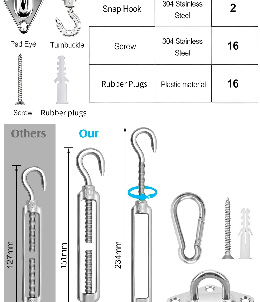 Edelstahl-Sonnensegel-Montage-Set, Hochleistungs-Campingzelt-Hardware-Kit für die Befestigung von Sonnenschutz im Haus- und Gartenbereich. – Detail 3