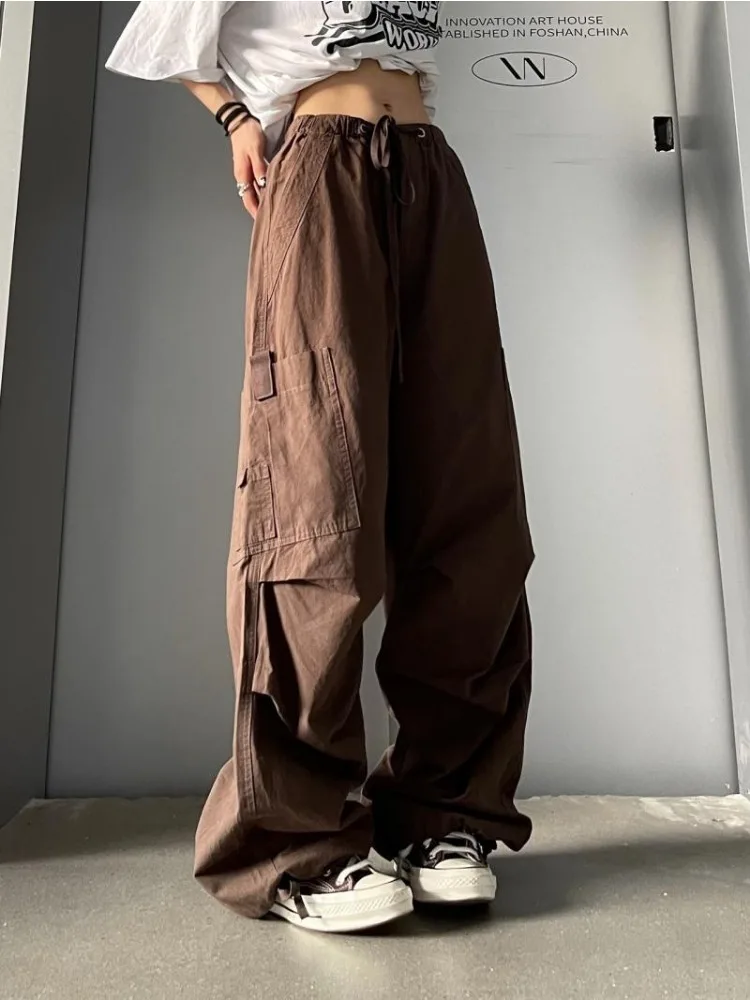 HOUZHOU-Calças Baggy Cargo Vintage Feminina, Moda Coreana, Streetwear de Harajuku, Oversize, Kpop, Calças Plissadas Casual, Bolsos, Y2k