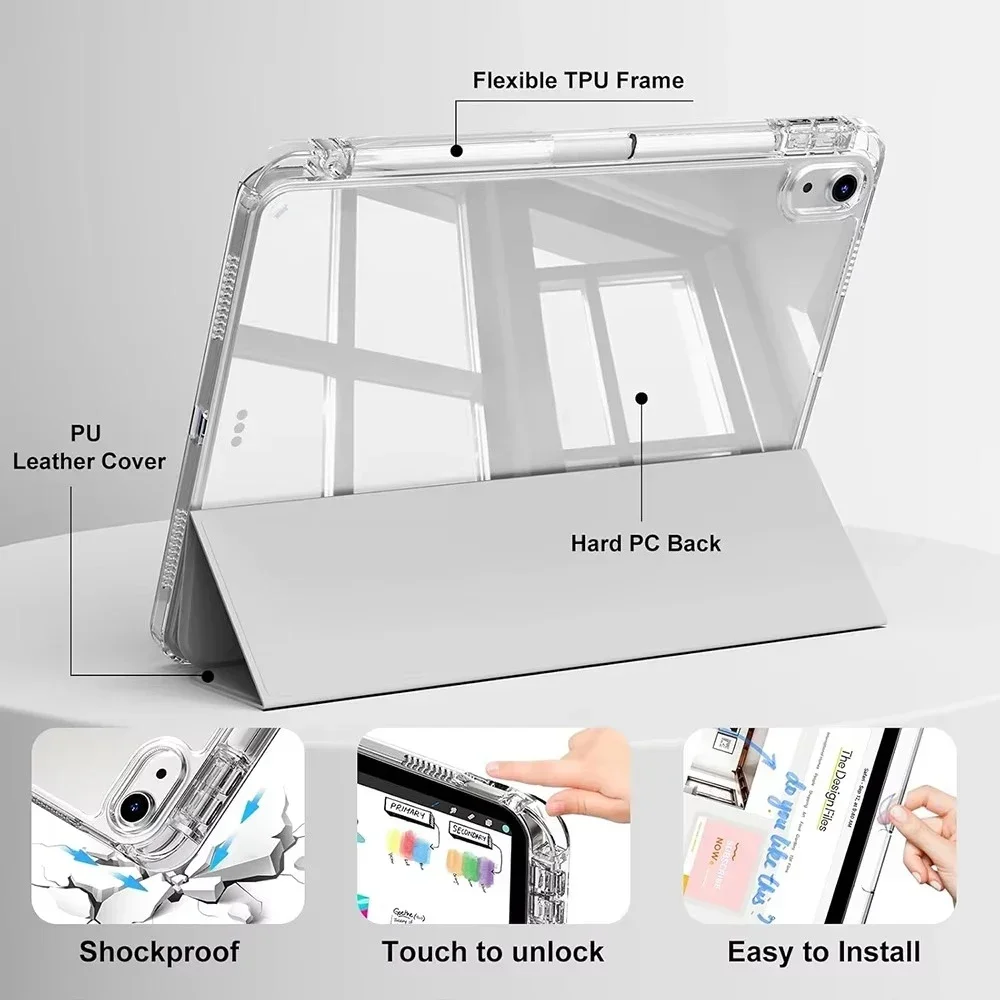 For iPad Air 11 M3/M4/M2 Case 11inch with Pen Holder Trifold Stand Transparent Acrylic Back Cover For iPad Air 4 5 10.9'' Cover