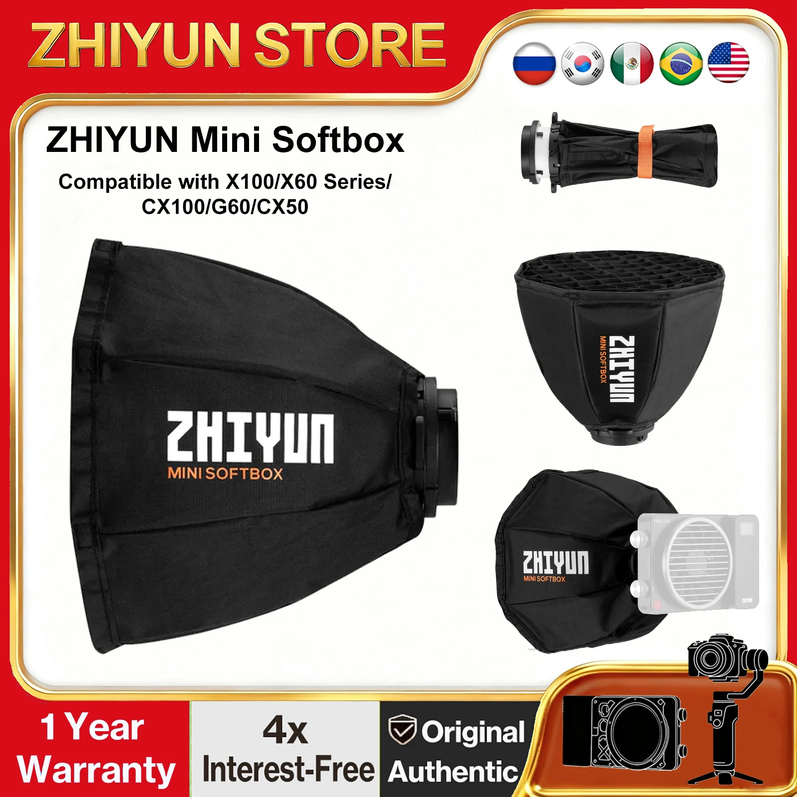 

ZHIYUN Mini Bowens Mount Softbox for ZY Mount Lights ZHIYUN MOLUS X100/X60/G60 Series, ZHIYUN CINEPEER CX100/ CX50/CX50 RGB