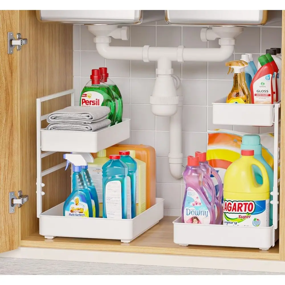 

Height Adjustable 2 Tier Metal Pull Out Slide Shelf Organizer for Under Sink Cabinets in Kitchen, Bathroom with Snap-on Top Tray