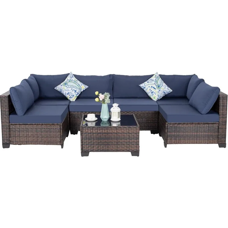 

7 Pieces Patio Furniture Set, Modular Patio Set Wicker Outdoor Sectional Sofa Set PE Rattan Wicker Patio Conversation Set with T