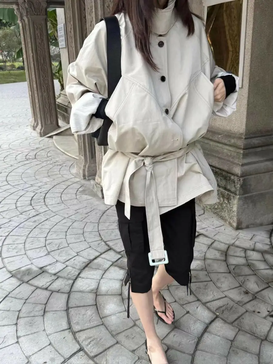 

Свободное женское пальто-ветровка с поясом, повседневное, с рукавами «летучая мышь», воротником-стойкой, средней длины, модное весеннее хлопковое пальто