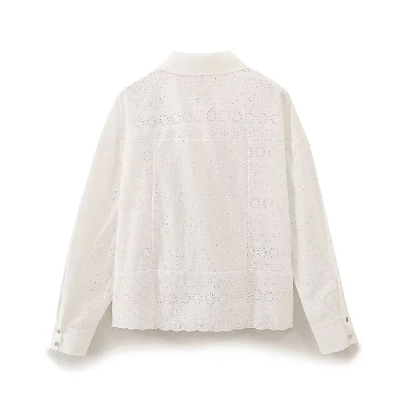 TRAF ZR Blouse Summer 2024 Women\'s Long Sleeve Shirt Embroidery Blouse Vintage White Korean Style Harajuku Fashion Shirts