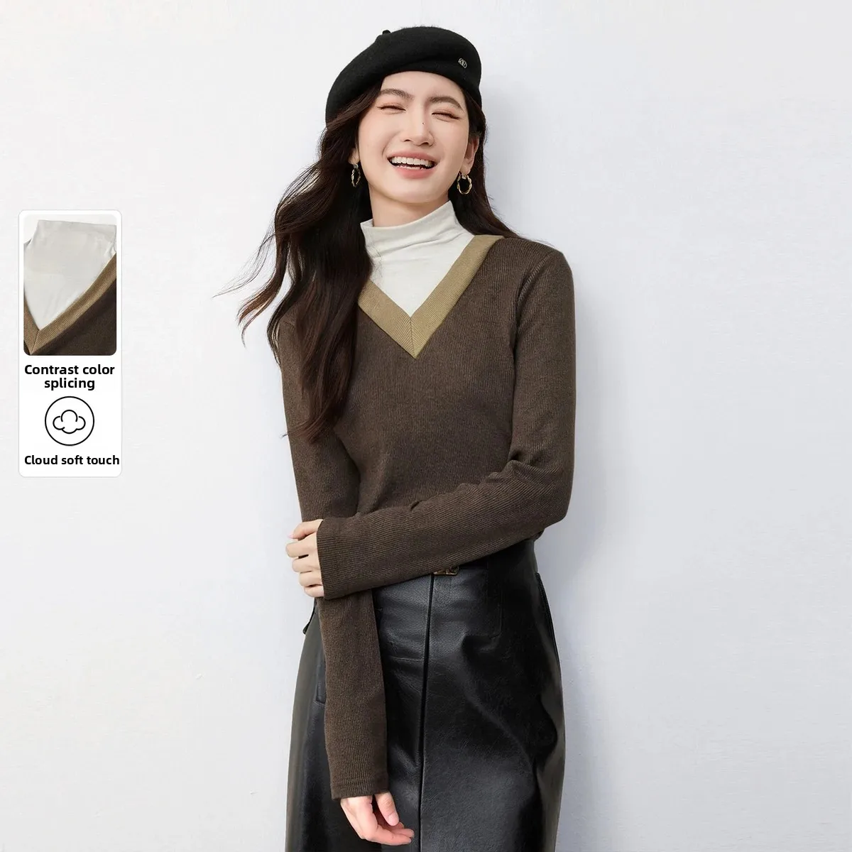 

SENTUBILA женский искусственный двухсекционный свитер, осень 2022, полуводолазка контрастного цвета, удобный теплый топ с длинными рукавами 153H58653