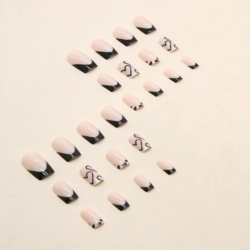 Fake Press on Nails, Black French Tip, Cute Press on Nails, Short Square, Love Design, Acyrlic Nails, 24pcs