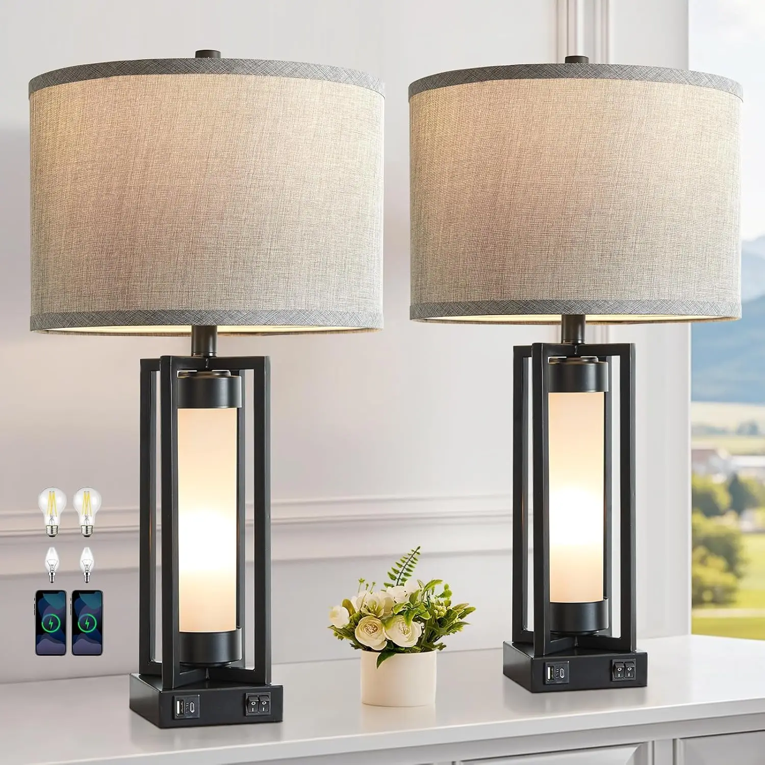 

Набор из 2 современных настольных ламп с USB-портами C+A, ночник, ретро-дизайн для гостиной и спальни, в комплекте 4 лампочки