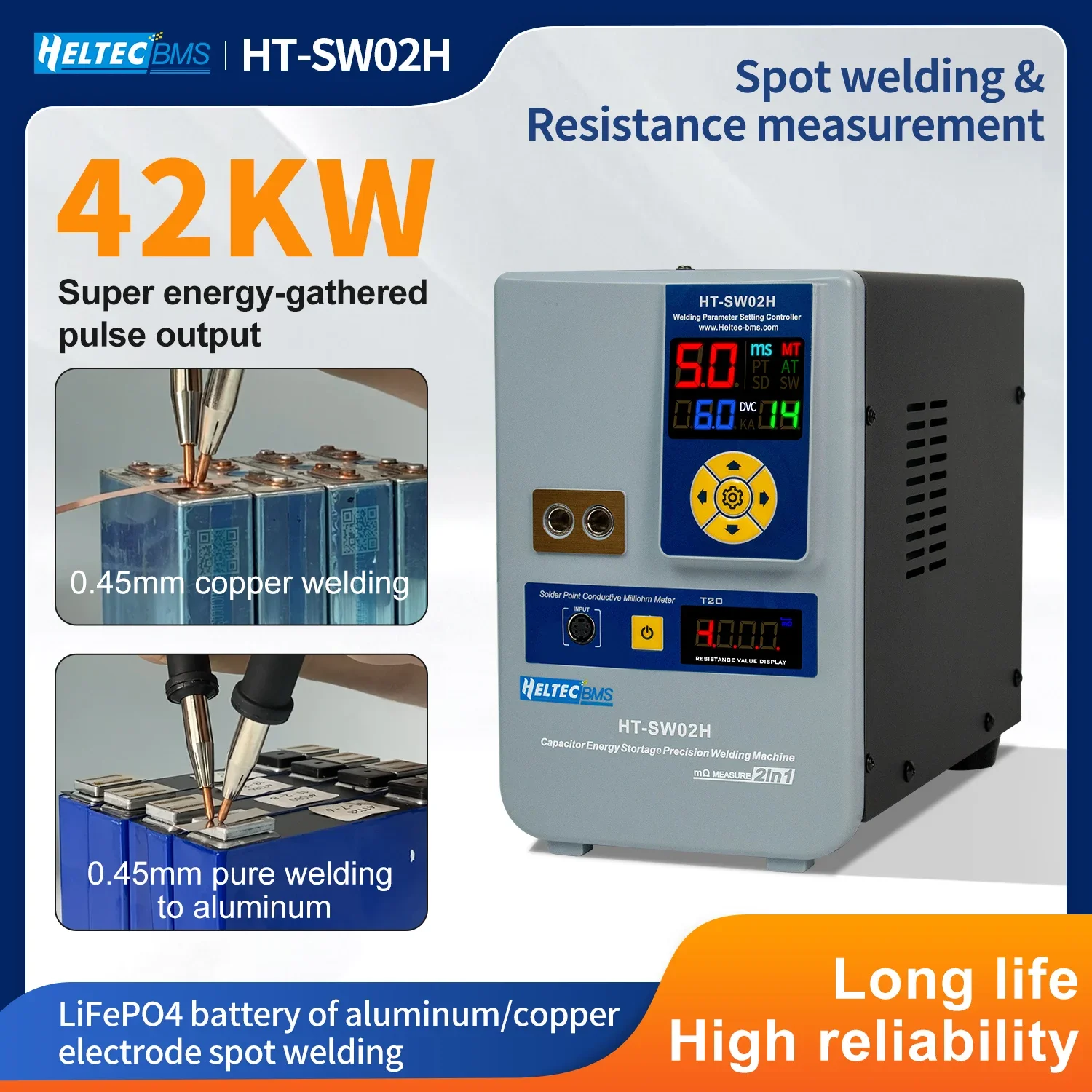 Soldador de batería de HT-SW02H, 42KW, Stock europeo, punto de soldadura de cobre de 0,4mm, medición de resistencia de 7000A, soldador por puntos de almacenamiento de energía inteligente