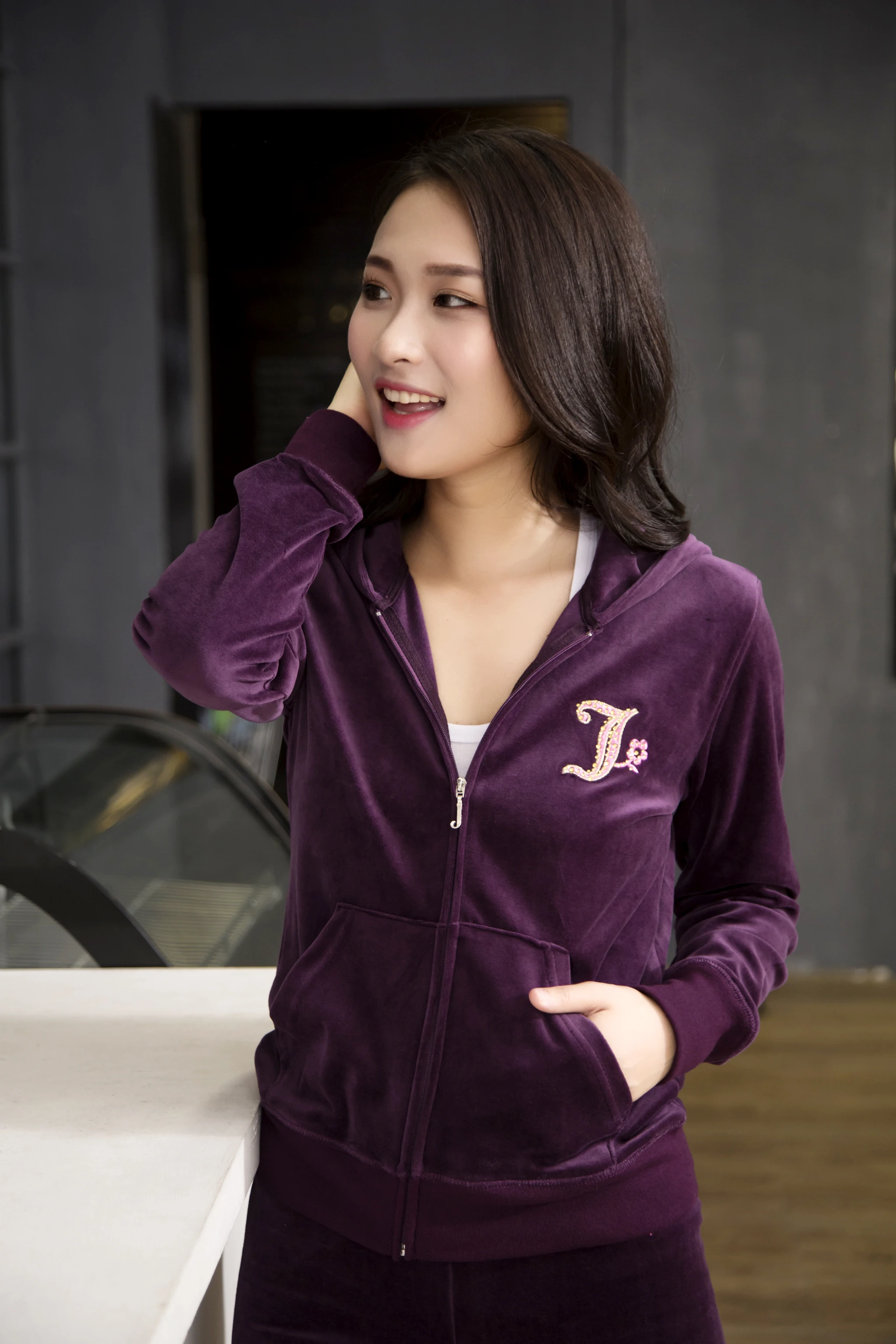 7153Spring And Autumn Velvet Sports Set Women'S Running Clothes Cardigan Sweatshirt Long Sleeve Velvet