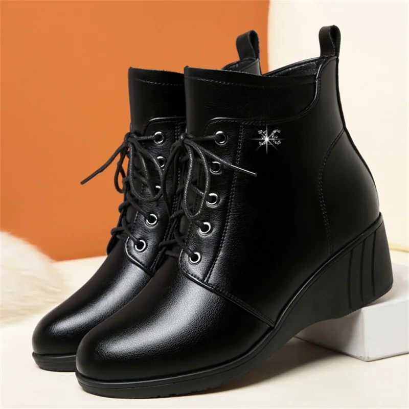 

Autumn Winter Comfort Non-slip Warm Fur Cotton Thick Shoes Women's High Heels Soft Leather Wedges Soft Bottom Ankle Boots