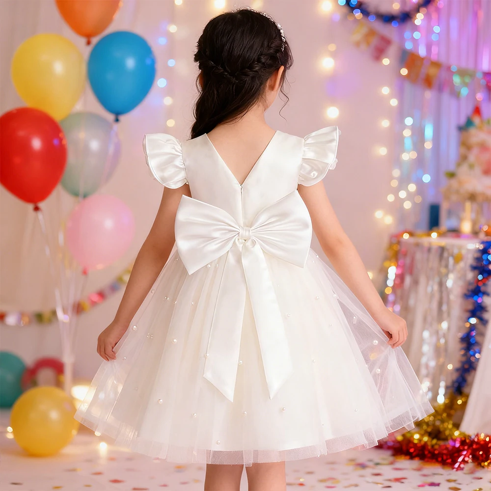 

Bowknot Birthday Girl Princess Dress Elegant Formal Evening Dress For Girls Party Dresses Children's Baptismal White Dress Gown