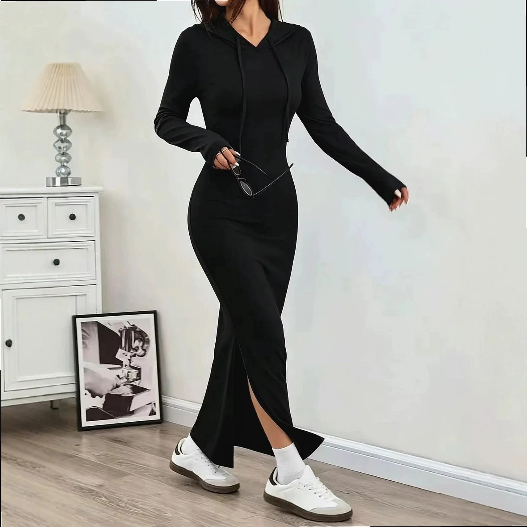 Autumn Winter Long Sleeve Hoodie Bodycon Dress Casual Solid Color Dresses Women Jumpsuit