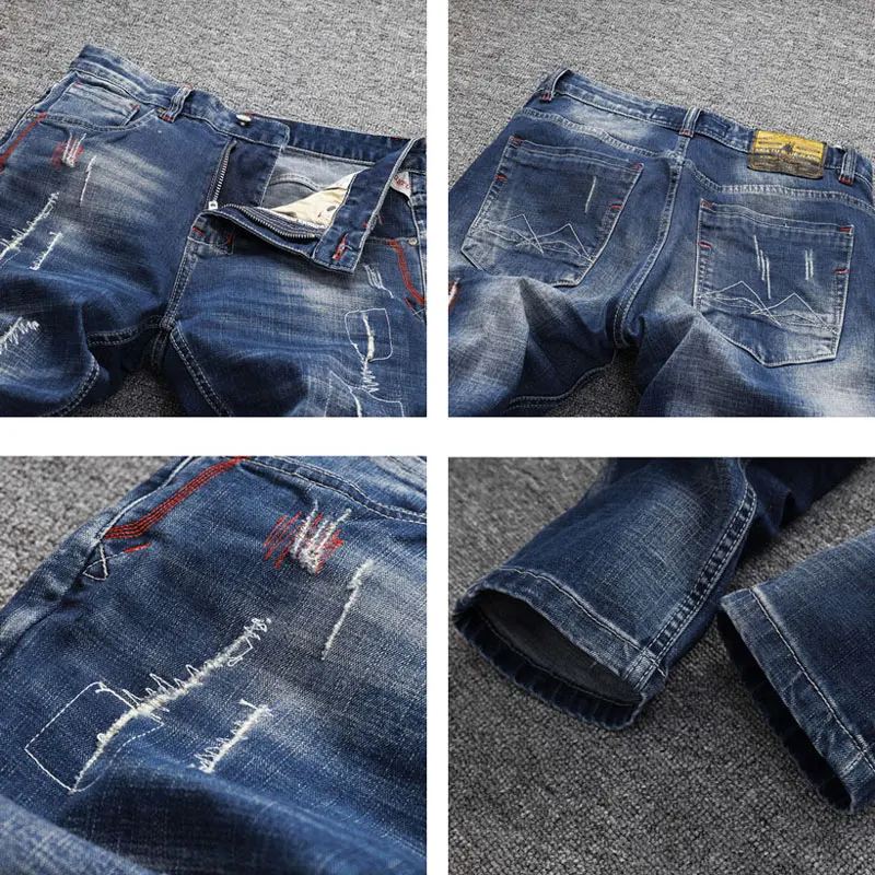y2k Streetwear Men Jeans Retro Blue Stretch Slim Fit Frayed Ripped Jeans Men Embroidery Designer Vintage Denim Pants Hombre