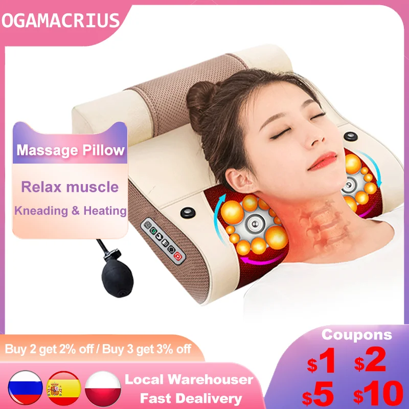 

OGAMACRIUS 2 In 1 Massage Pillow Heat Shiatsu Device Electric Cervical Healthy Body Relaxation For Back Neck Massager