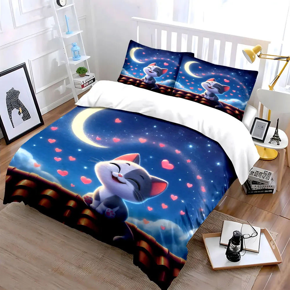 Smiling cat with hearts and moon Bedding Set for Kids Luxury Gift 3pcs Digital Print Comforter Set Soft Comfortable Breathable