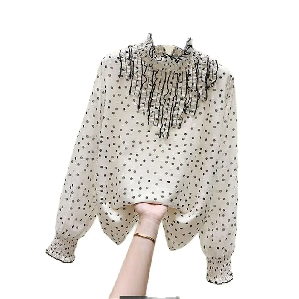 

M-4xl Chiffon Blouse Women Fashion Polka Dot O-neck Pullover Ladies Tops Simple Long Sleeve Office Womens Clothing 2024 Elegant