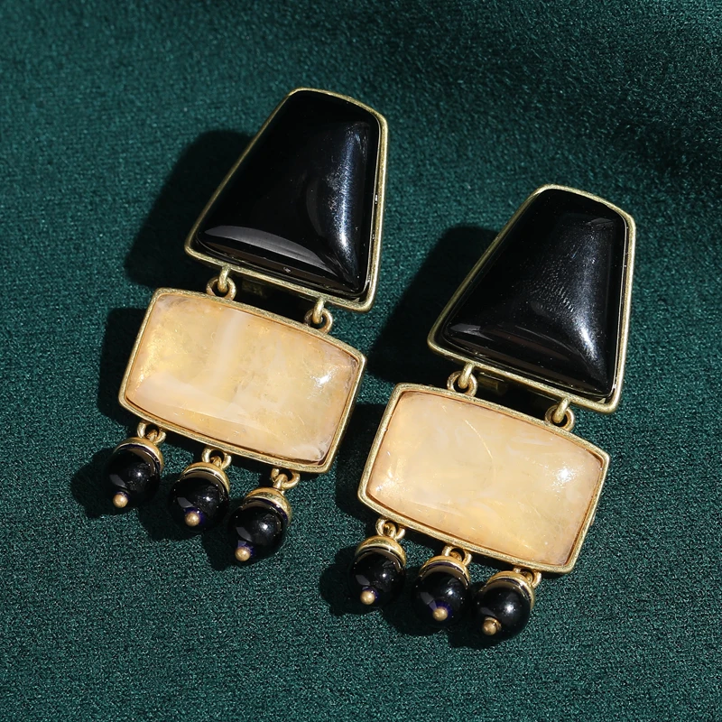 

Black Agate Earring Vintage Charm Drop Geometry Long Tassel Jewelry Retro Designer For Women 2026 New Accessories Festival Gifts