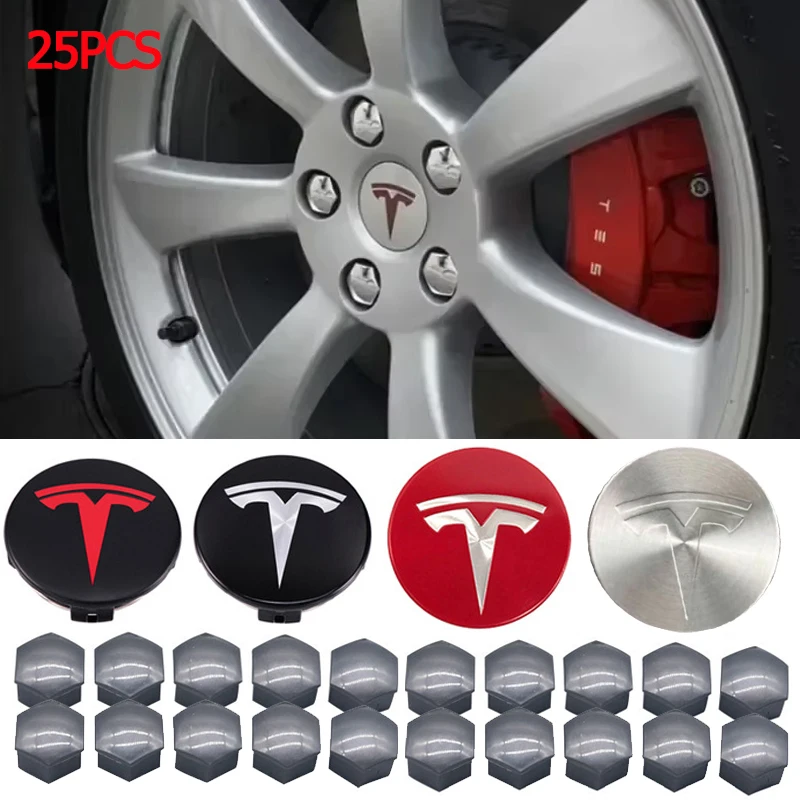 

25pcs/set 56mm for Tesla Model 3 Y S X Car Wheel Center Hub Caps Tire Lug Nut Protective Cover Screw Cap Modified Decoration