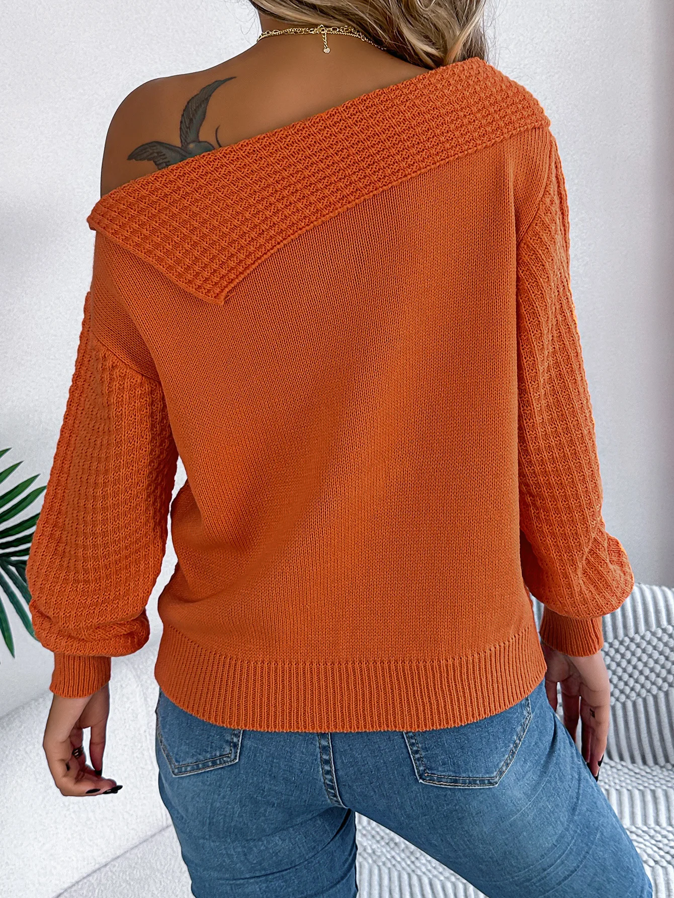 Womens Off The Shoulder Long Sleeve Knit Pullover Sweater Solid Color Collar Y2K Street Night Club Party Knitted Jumper Tops