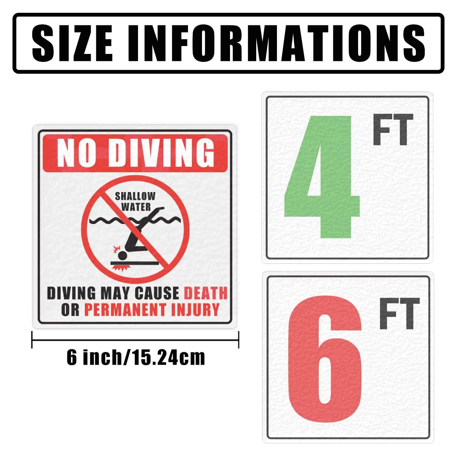 6inch Swimming No Diving Shallow Water Pool Warning Stickers 3 FT 4FT 5FT 6FT Pool Depth Number Markers Sign Labels