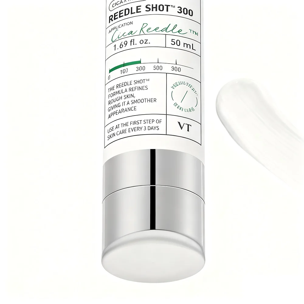 VT COSMETICS CICA Reedle Shot 100 Microneedle Serum offers pore-minimizing and exfoliating benefits, improving skin texture