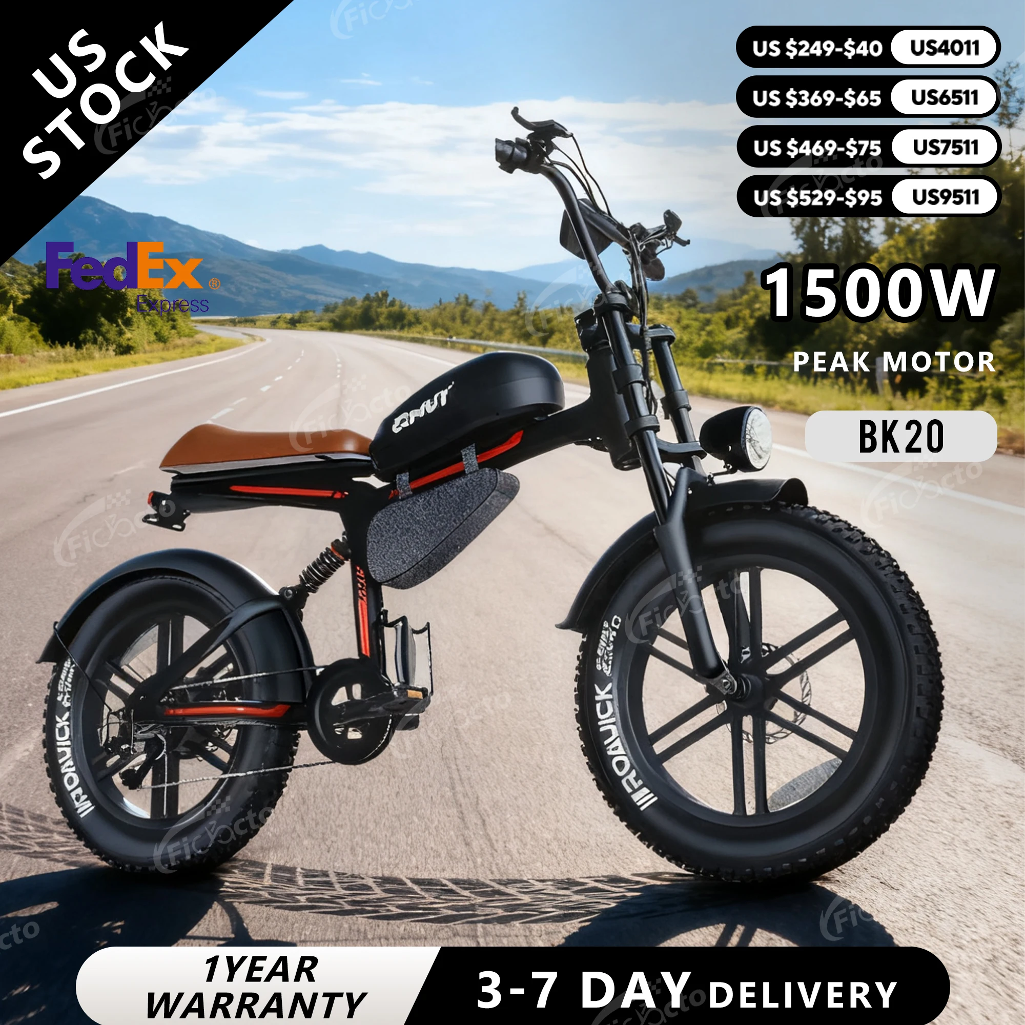 

QNUT BK20 Electric Bicycle 1500W Motorcycle Electric Dirt Bike All-Terrain 48V 18AH 20" Fat Tire E-Bike Off-road E-MountainBike