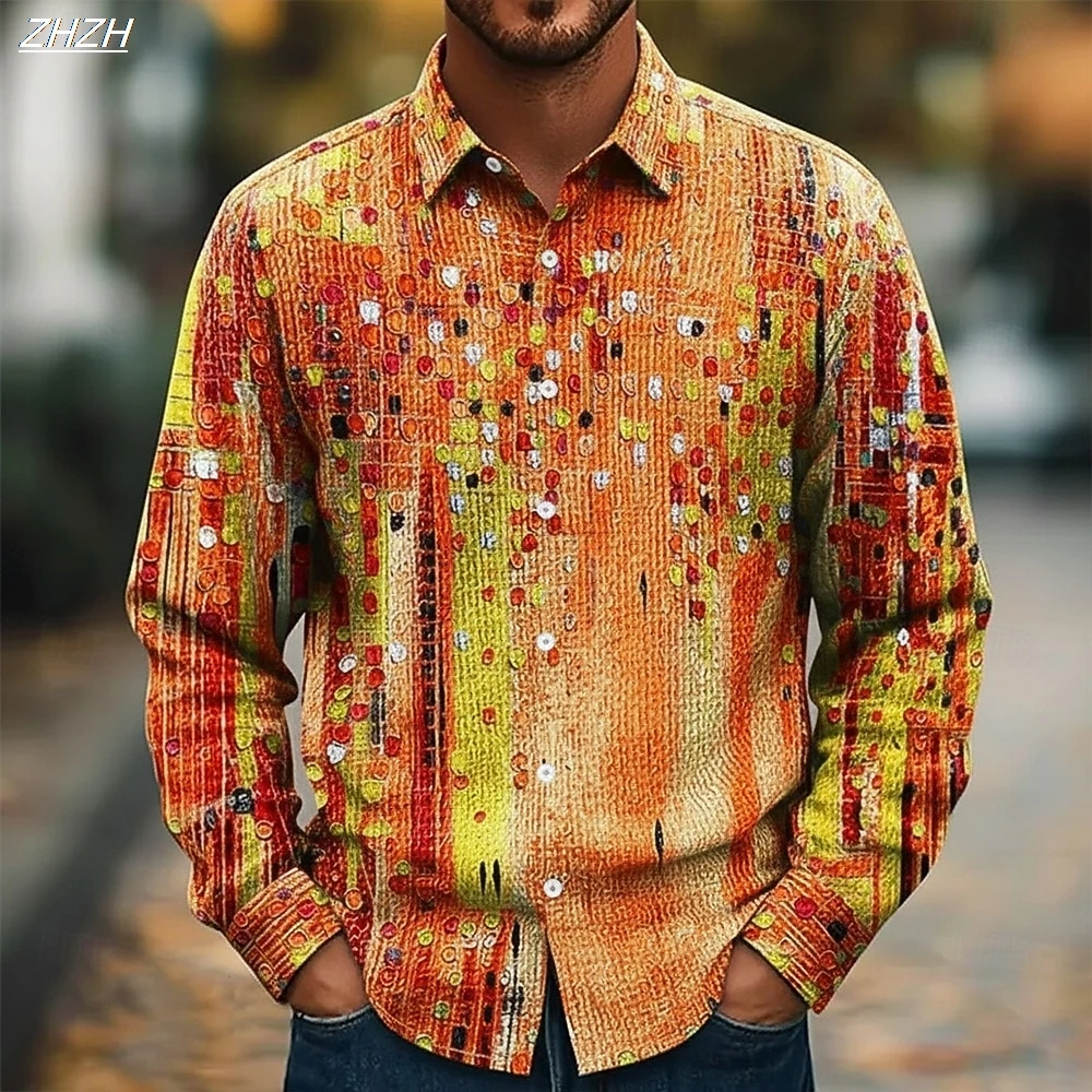 Camisa masculina de manga comprida com estampa de pontos coloridos, gola abotoada abstrata 3D, estilo casual da moda, primavera outono roupa diária