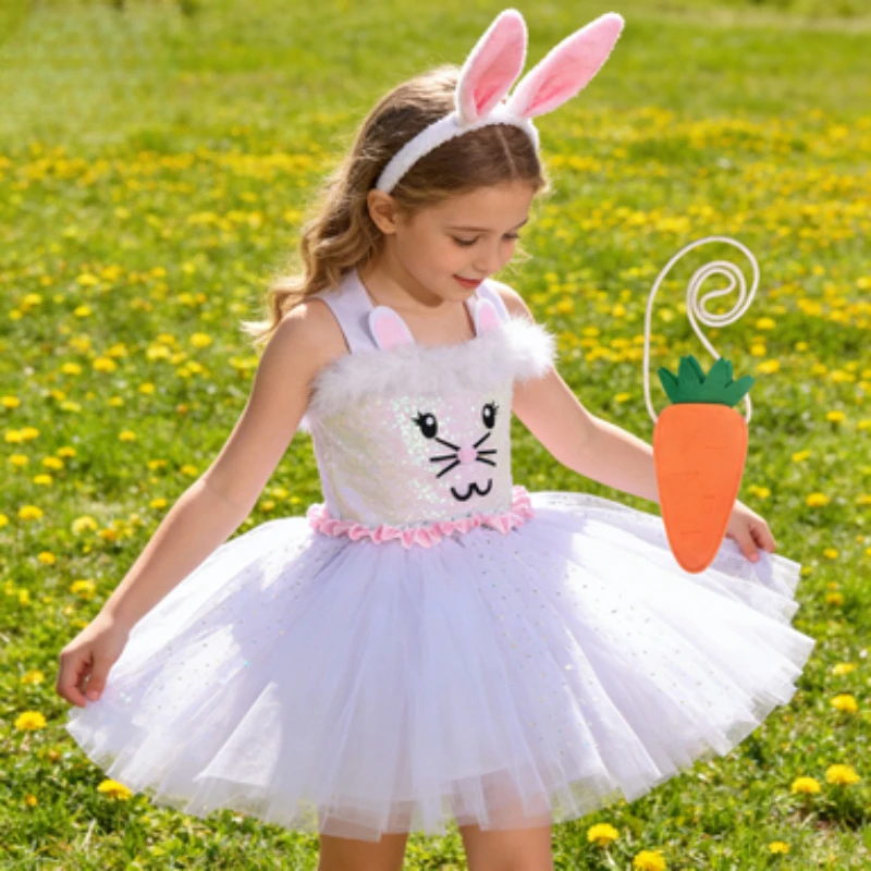 Sequined Bunny Tutu Dresses for Kids,  Cartoon Animal Stage Clothing for Girls,  Outfits for Stage Performances & Parties