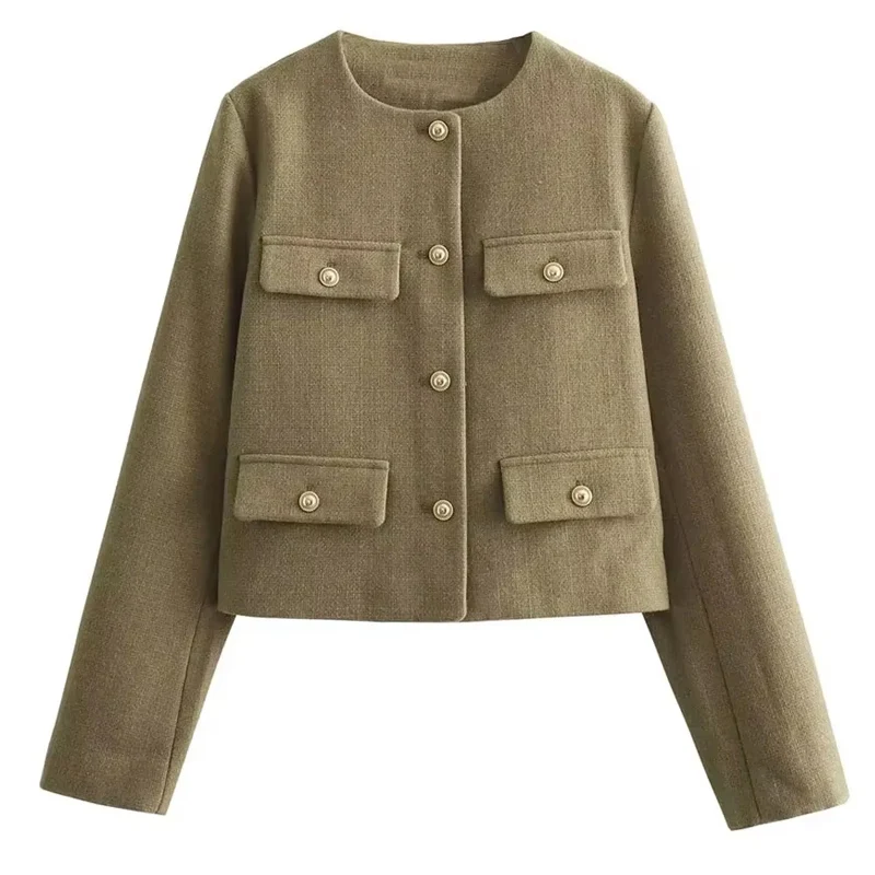 HXAO Fashion Women Cropped Jackets Autumn Winter Long Sleeve Blazer Jacket Textured Button Up Chic And Elegant Woman Jacket