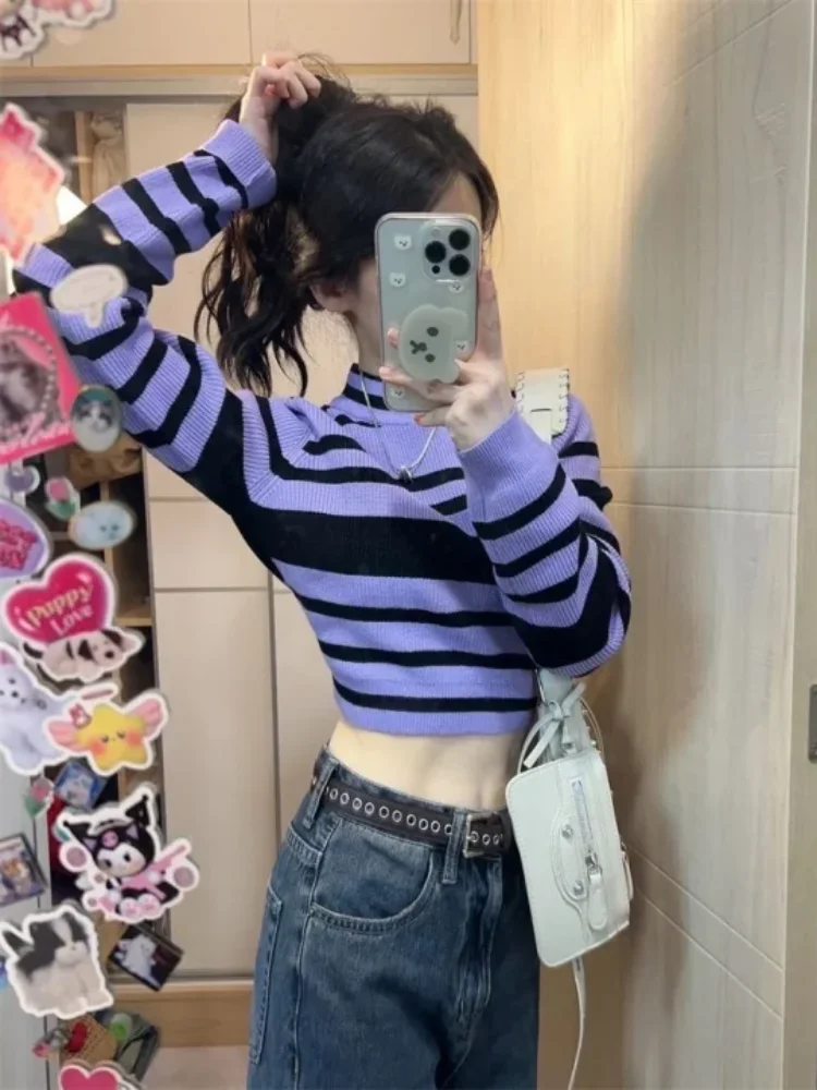 

Вязаный женский свитер в полоску в американском стиле ретро для пикантных девушек Y2K в стиле Харадзюку, модные топы в стиле тысячелетия