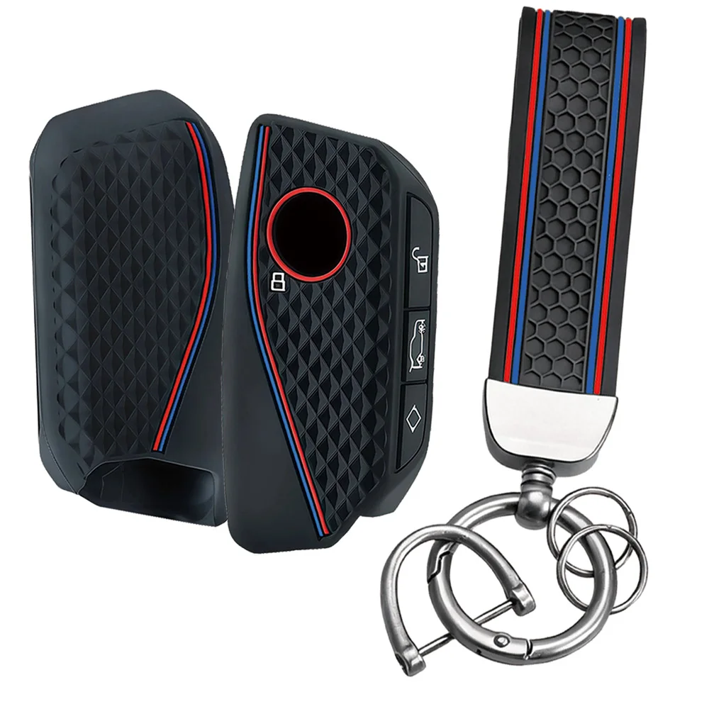 Racing Red-Blue Stripe Silicone Key Cover With Keychain For BMW X1 U11 I7 G70 X7 LCI U06 M3 X3 X5 X7 F48 Auto Key Fob