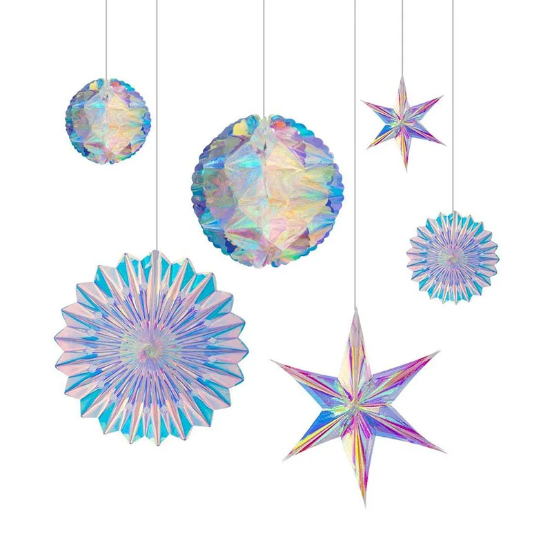 Glitter Star Ball Iridescent Party Decoration Hanging Decorative Paper Fan Snowflake Garlands for Birthday Baby Shower Wedding