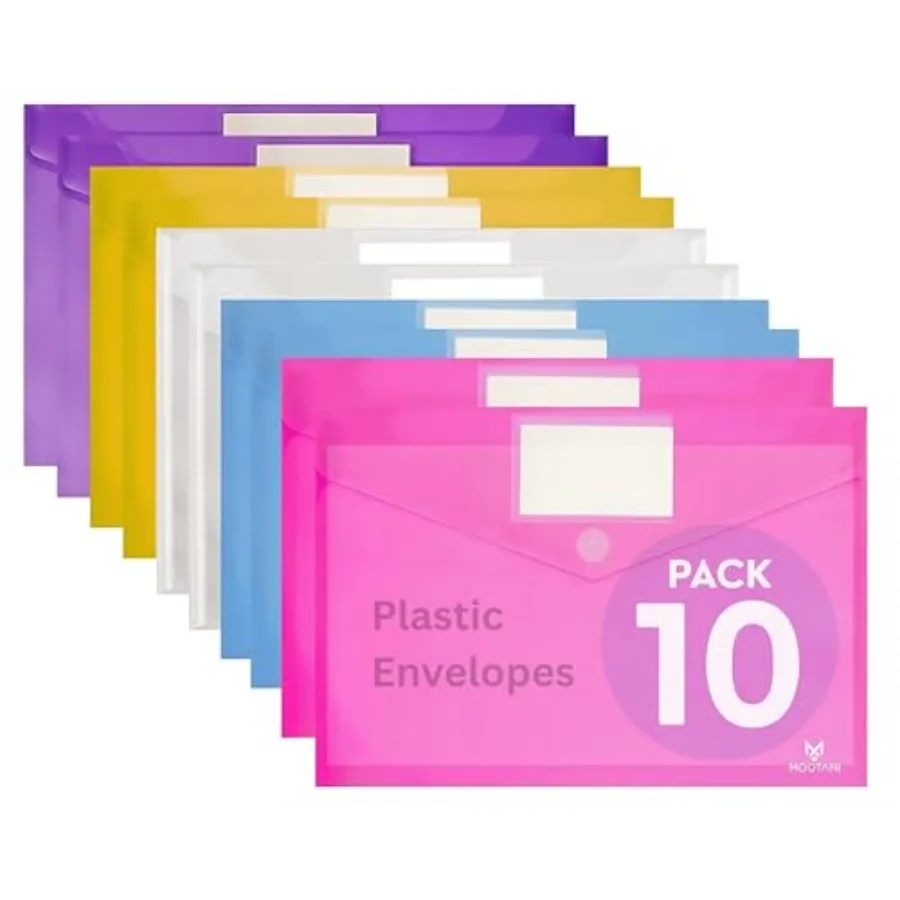 

Pack Plastic Envelopes, Folders for Documents, Poly Envelopes A4/US Letter Size, Plastic File Folders with Label Pocket, File E