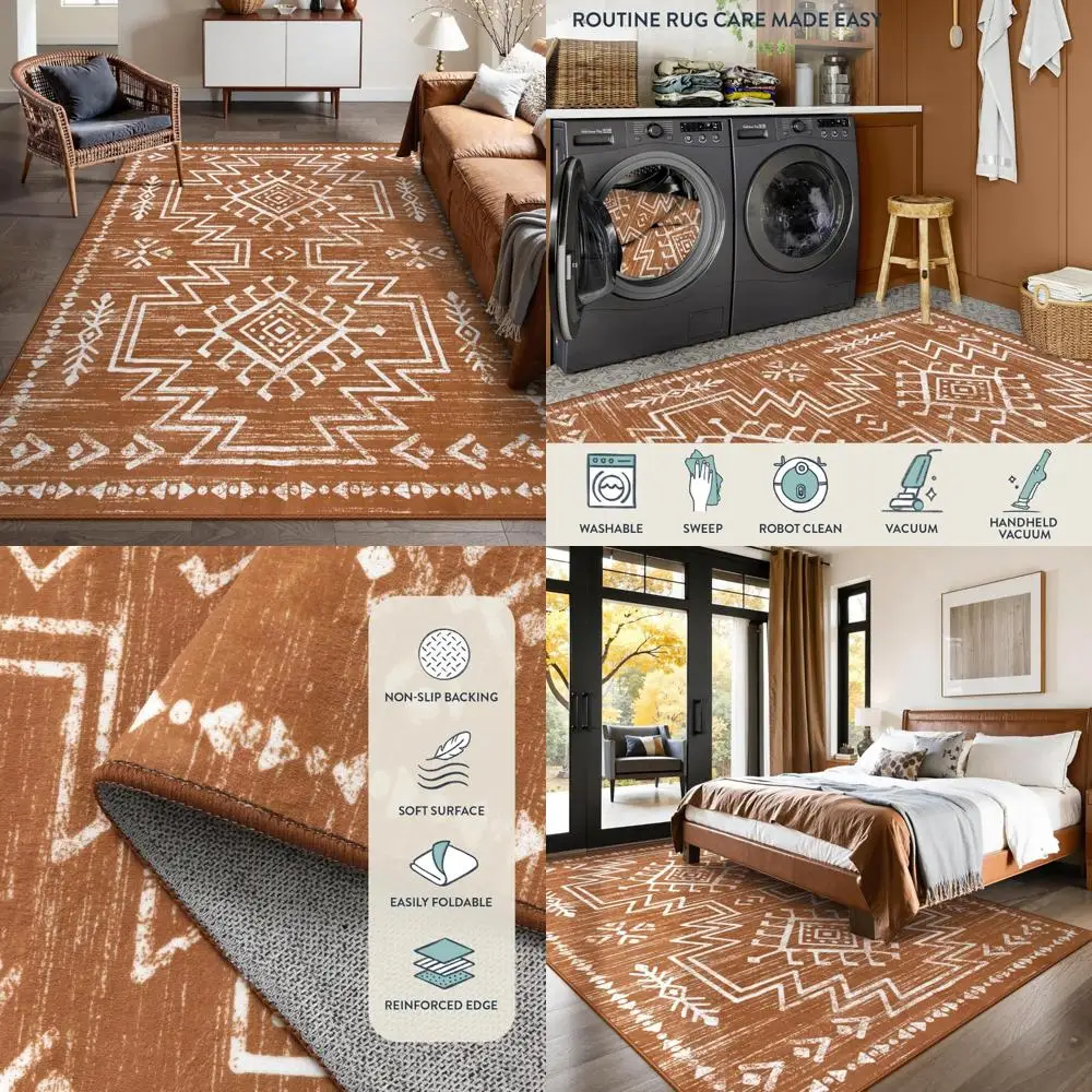 

Eco-Friendly Bohemian Orange Area Rug, Washable and Stain Resistant, Suitable for Living Room, Bedroom, and Dining Area