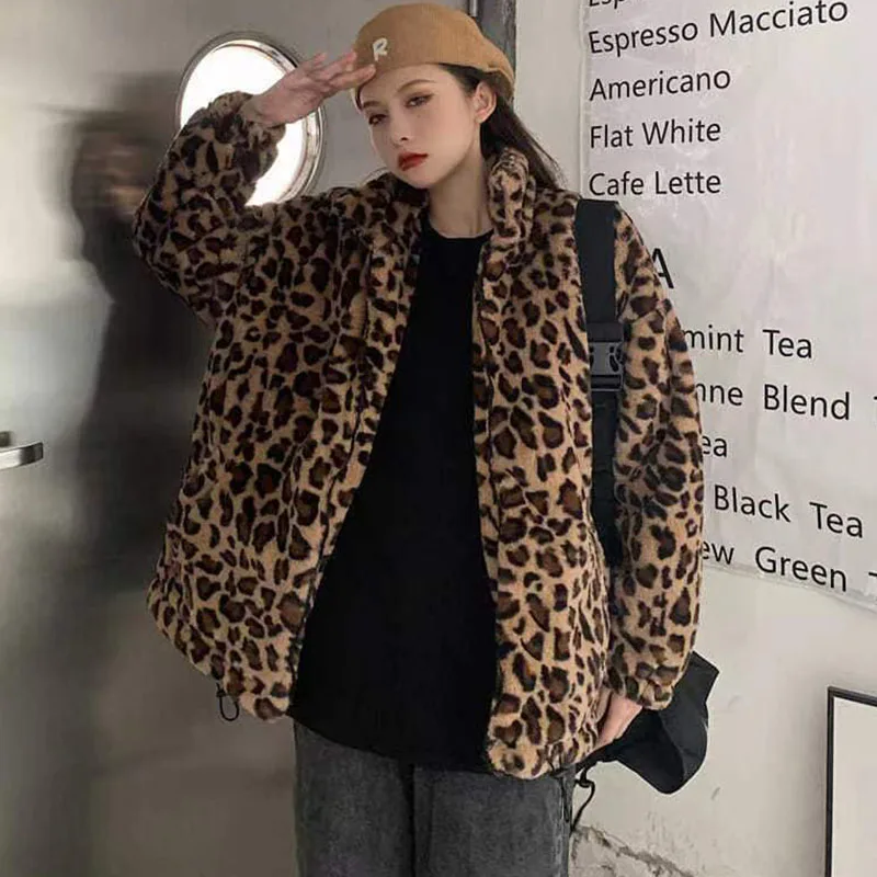 Damska kurtka w panterkę ze stójką, ciepłe parki, koreańska odzież wierzchnia, luźne płaszcze ze sztucznego futra, kobieta, jesień, zima, nowość,