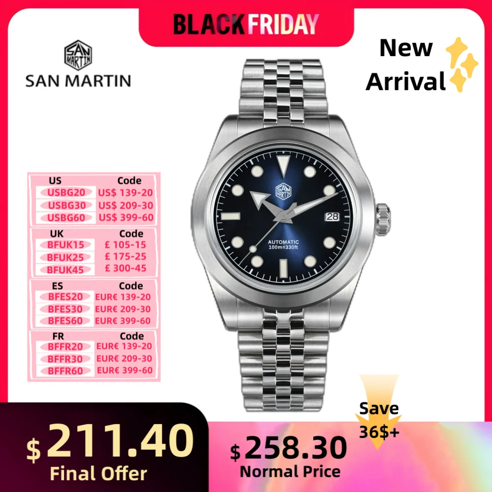 San Martin Watch For Men NH35 Sports Wristwatch 39mm Sunray Enamel Dial Jubilee Bracelet Swim Waterproof Reloj Hombre SN0053