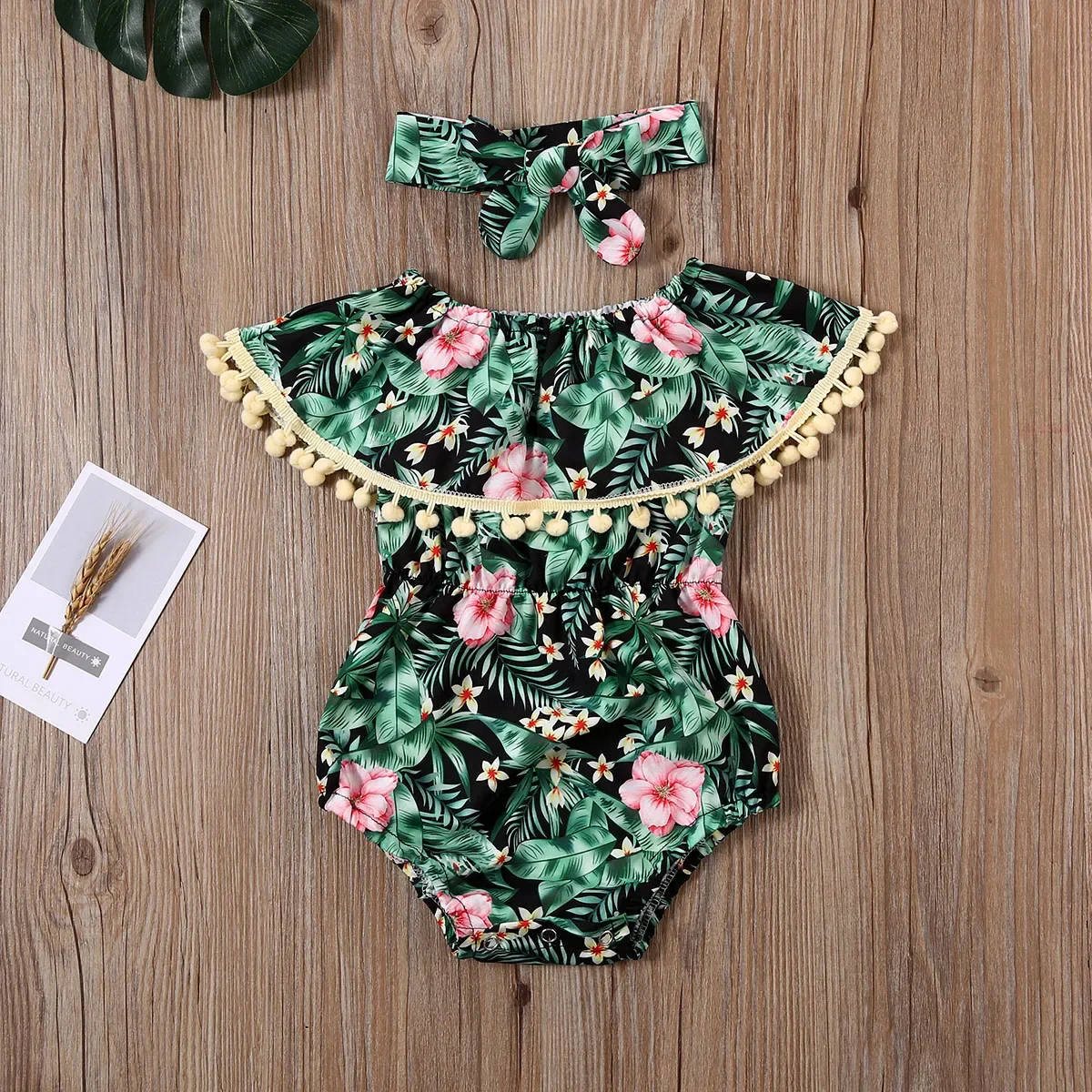 

2020 Baby Girls Summer Bodysuits + Headband Set - Infant Newborn Elastic Waist Jumpsuits with Flowers & Tassels