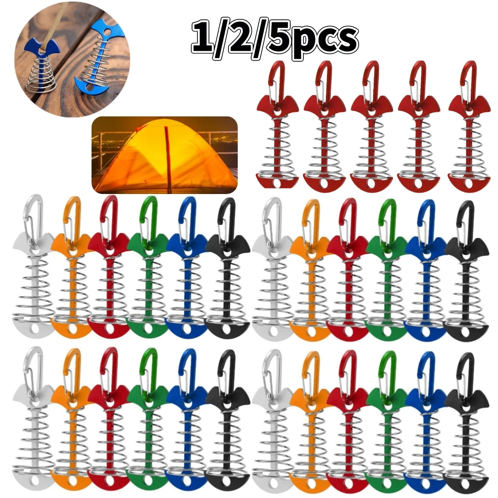 1/2/5pcs Camping Ground Nail Spring Fishbone Deck Pegs Tent Stakes Awning Anchor Wind Rope Buckle with Carabiner Deck Tent Tools