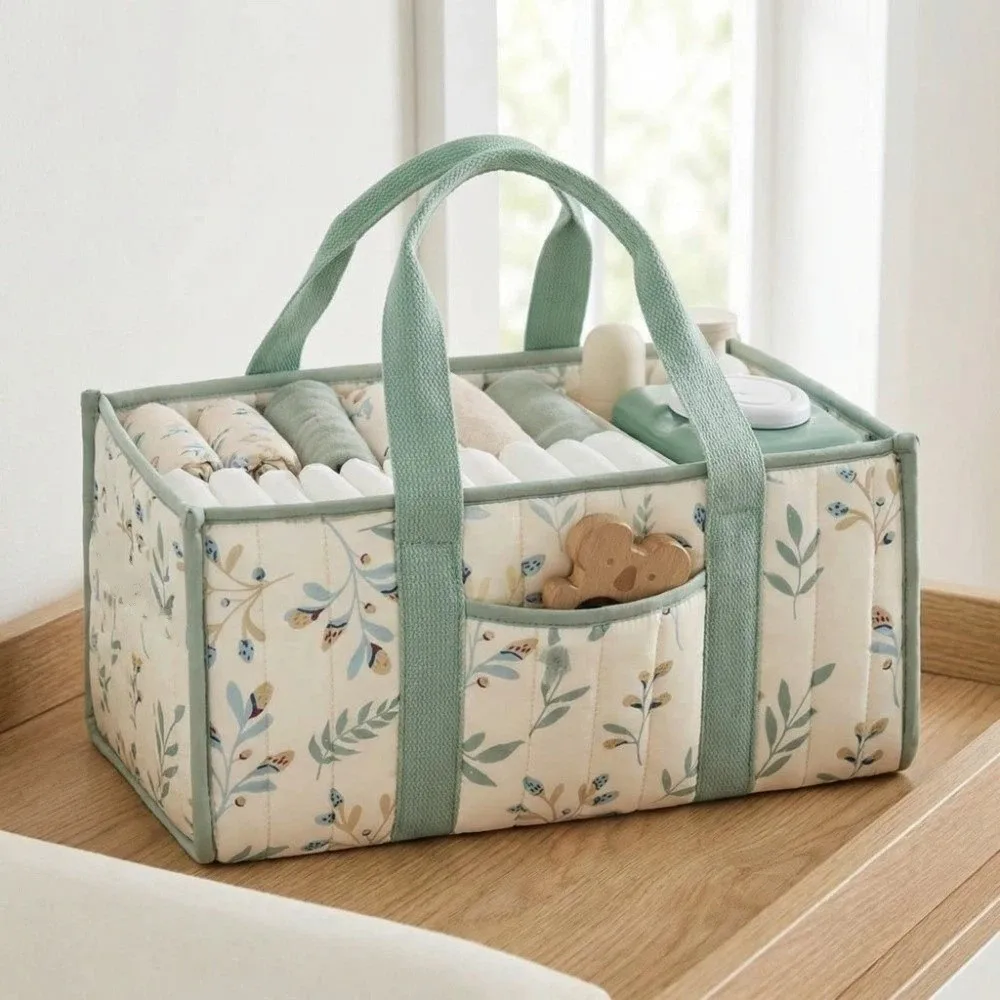 Large Capacity Baby Diaper Organizer Multi-Pocket Multifunctional Nursery Storage Basket Portable Floral Beige
