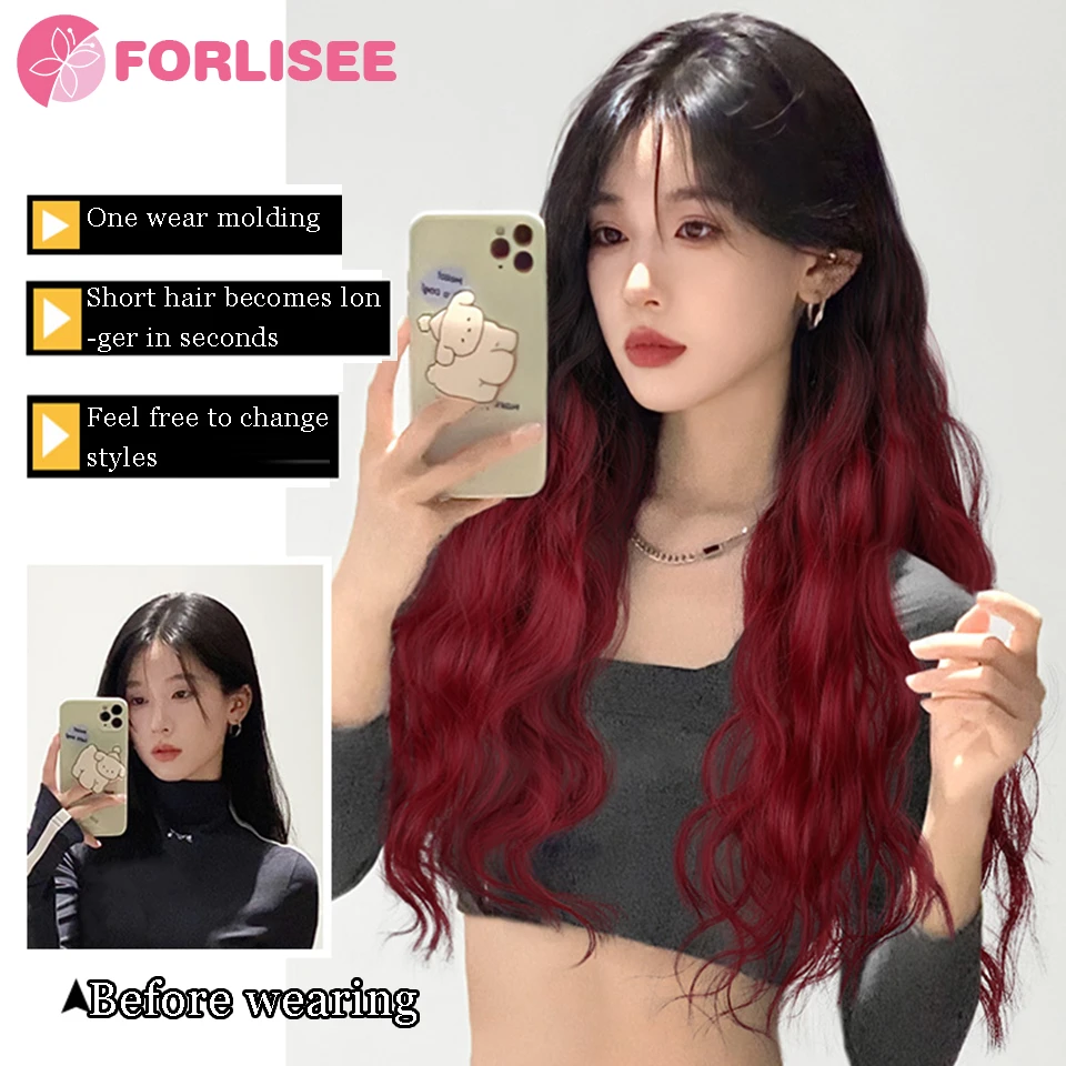 FORLISEE Synthetic Paris Painted Gradual Merry Red Women's Long Curly Hair Increase Volume Fluffy Water Wave Pattern Wig Pieces