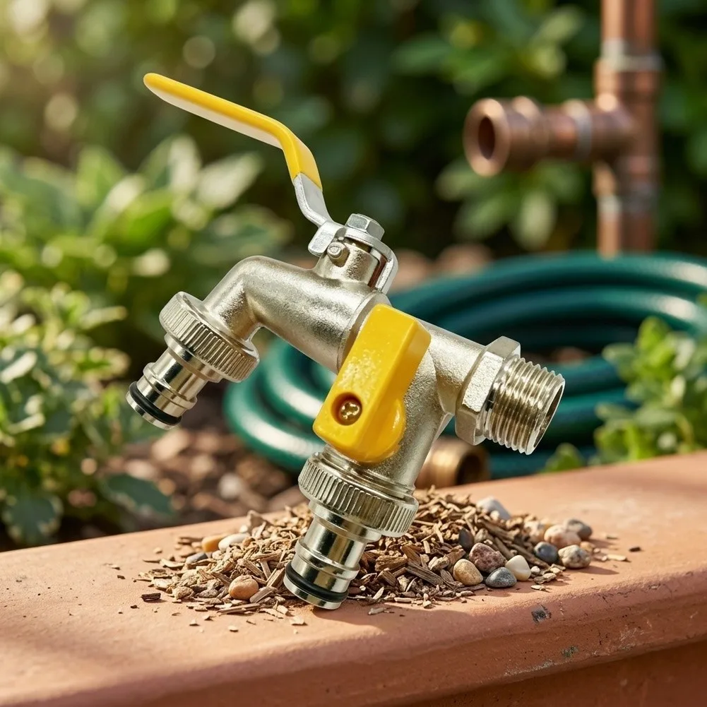 1/2 Inch Dual Outlet Hose Splitter for Garden Faucet Copper Body Leak Resistant Design Compatible with Common Hoses
