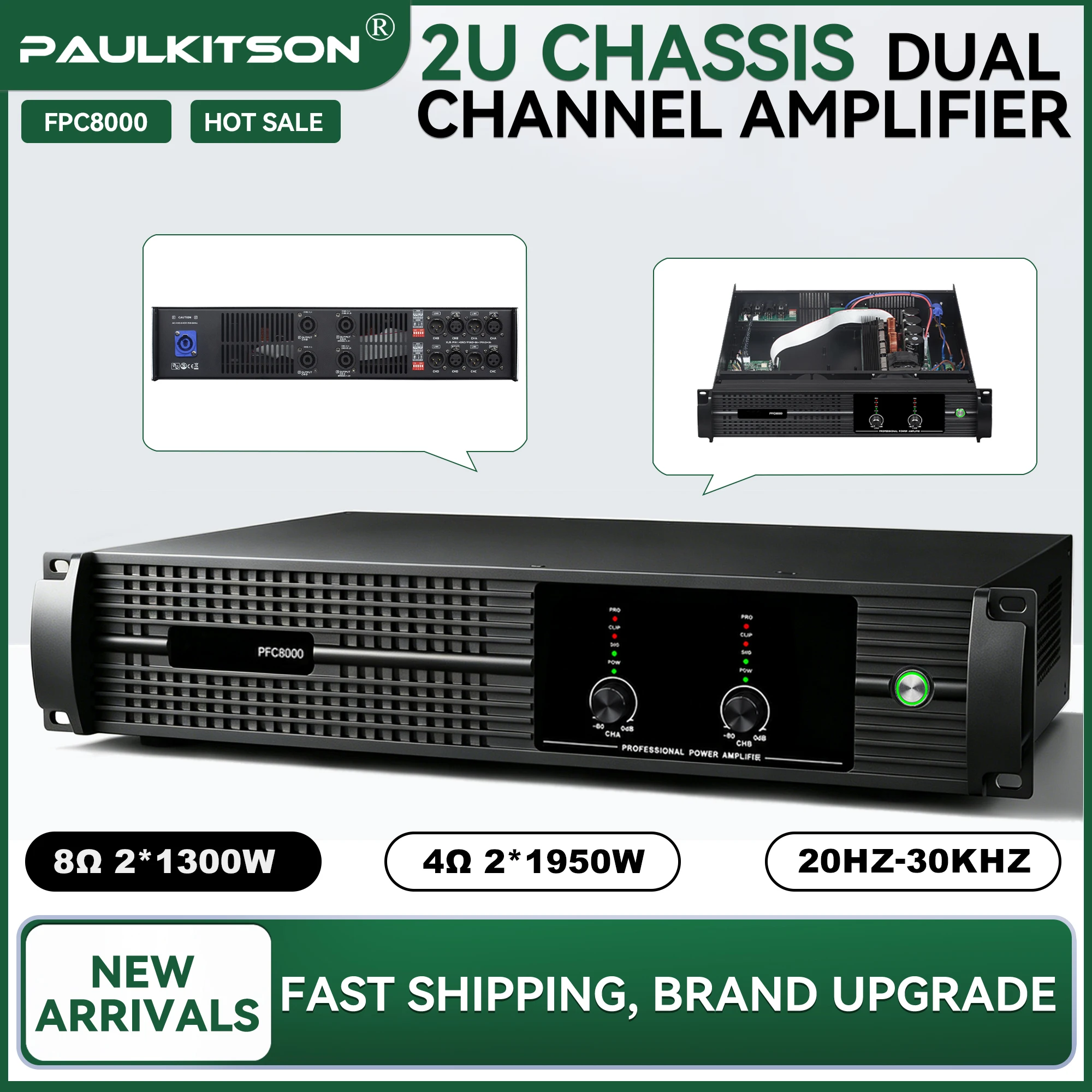 Paulkitson FPC8000 Professioneller Leistungsverstärker 2-Kanal 2U-Gehäuse 2×1300W-1950W 20Hz-30KHz Einheit für Bühne, Bar, Karaoke-Events