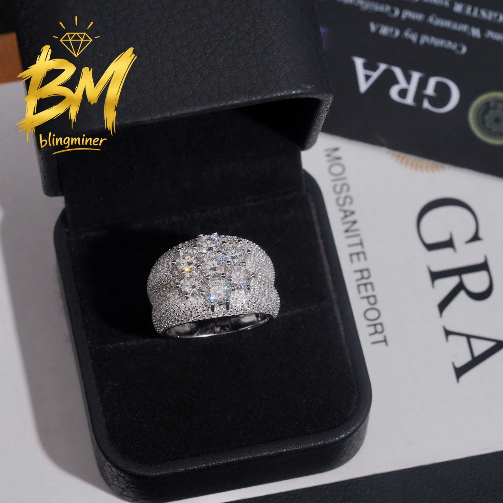 Blingminer Iced Out Clover Flower VVS Moissanite Rings For Men S925 Silver Finger Jewelry Pass Diamonds Tester Free Shipping