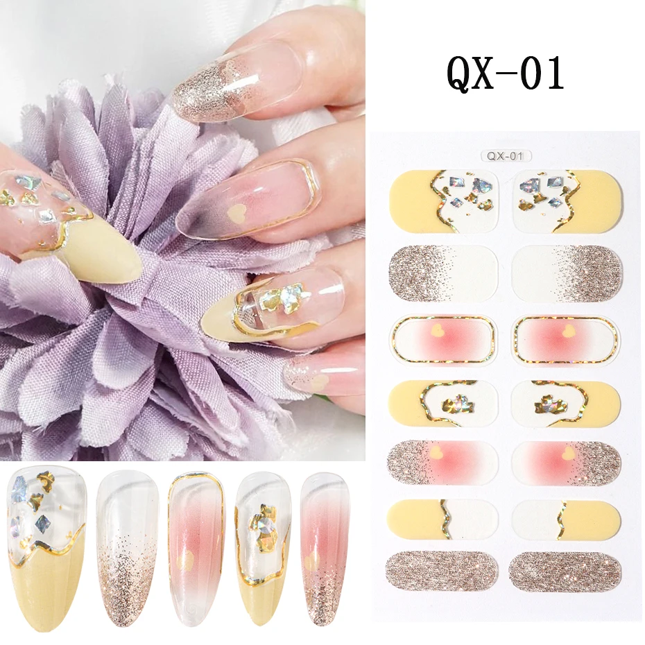 Glitter bloemen lente ontwerp semi-uitgeharde UV gel nagelsticker volledige dekking UV/LED-lamp vereist gel nagelstrips druk op nagelsticker