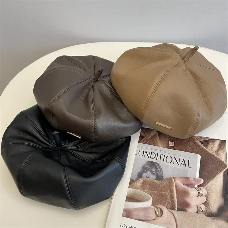 Pu Beret Retro PU Leather Octagonal Hat women's Autumn Winter Literary Noble Simple Wind Pumpkin Hat Hot