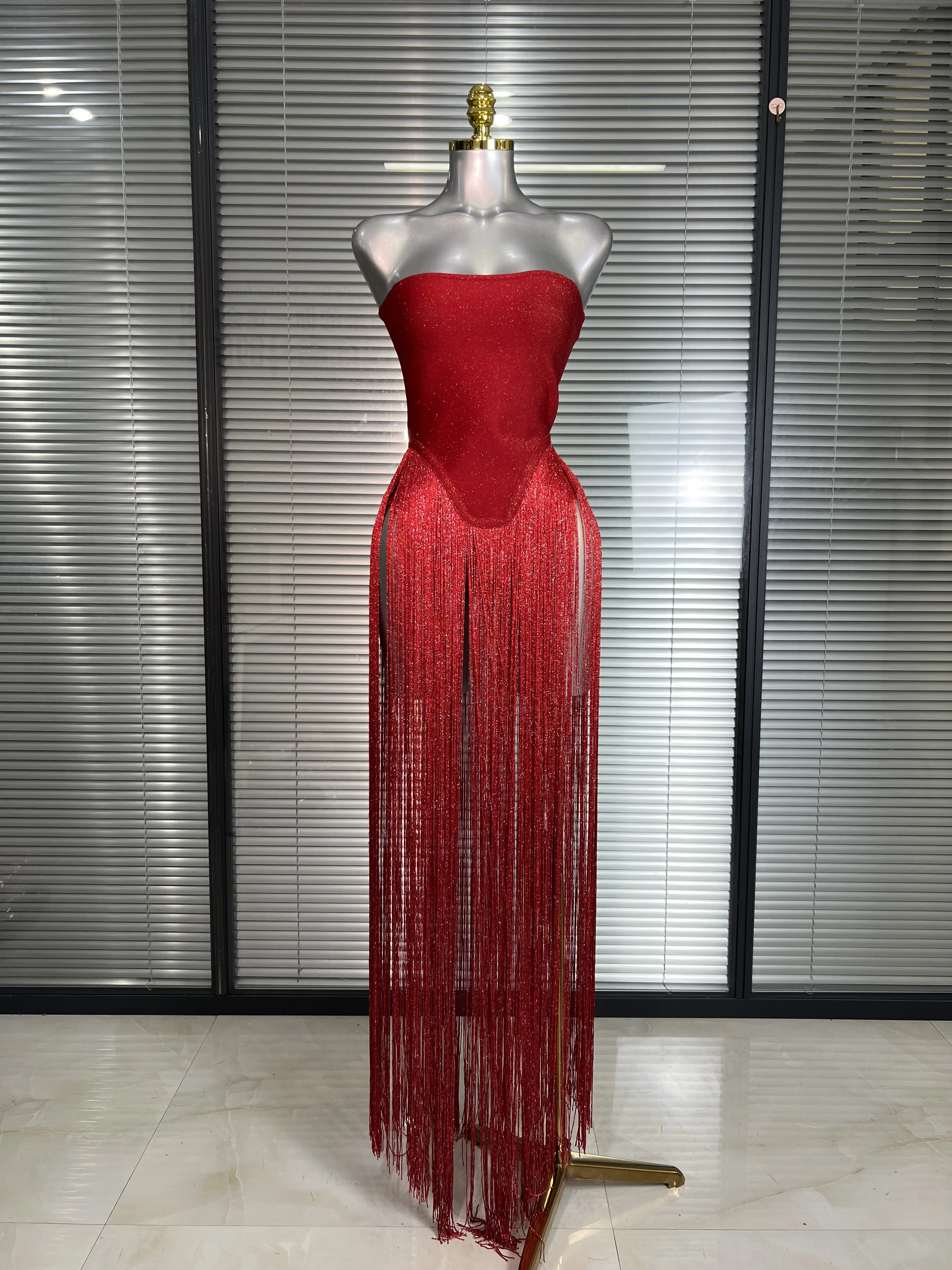Women Sexy Red Tassel Bandage Bodysuit Celebrity Designer Shinning Sparkly Dancer Night Club Stage Stage Costume