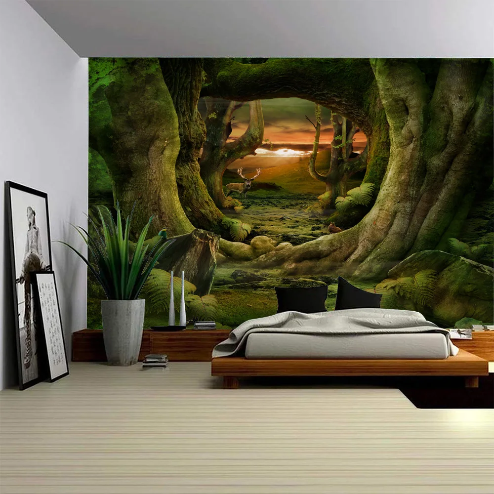 Dream Forest Cabin Tapestry Cartoon Scene Wall Hanging Kawaii Background Cloth Psychedelic Witchcraft Bohemian Room Decoration