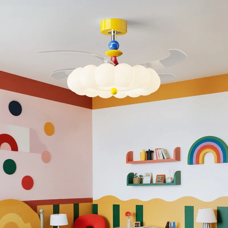 

Memphis Ceiling Fan Lights Cream Style Children's Bedroom Dining Room Invisible Eye Protection Indoor LED Fan Lamps Art Fixtures